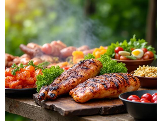 Bilde av en BBQ grill med grillet mat og salater