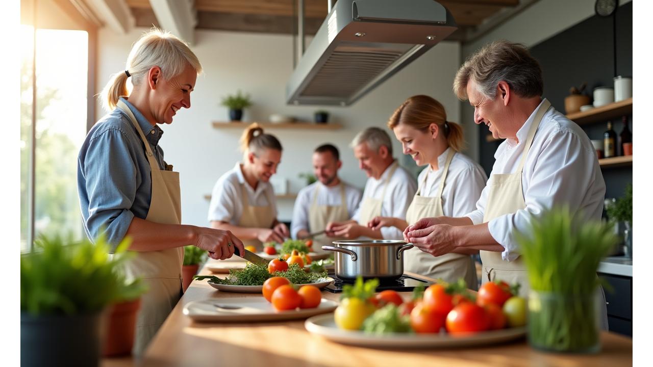 En gruppe mennesker som ler og samarbeider om å tilberede mat på et profesjonelt kjøkken under et matlagingskurs, med fokus på friskhet og glede.