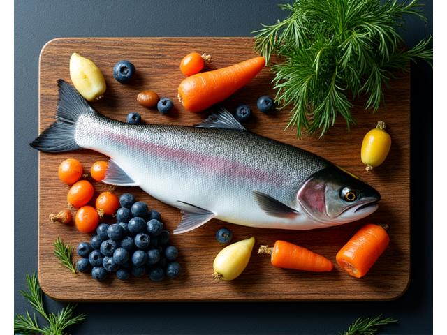 Ferske, nordiske råvarer som fisk, bær og urter delikat arrangert på et trebrett.