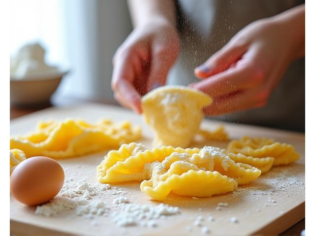 Håndlaget pasta med egg og mel spres ut på et skjærebrett, klar til å kjevles.