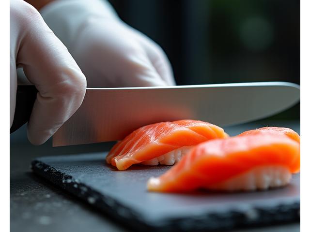 En profesjonell kokk elegant skjærer sashimi med en skarp kniv, med fokus på presisjon og fersk fisk.