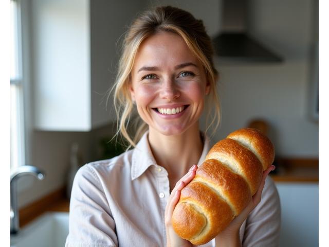 Kristin Pedersen smiler fornøyd mens hun holder opp en perfekt formet, hjemmelaget brødkrans.