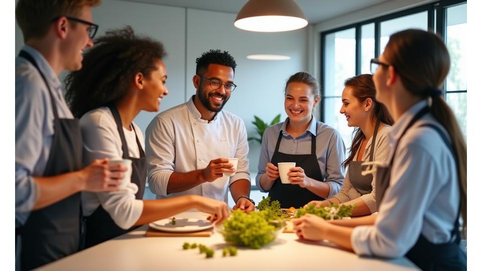 Deltagere som smilende hilser på hverandre og kokk, med kaffe og et velkomstbrett med ingredienser.