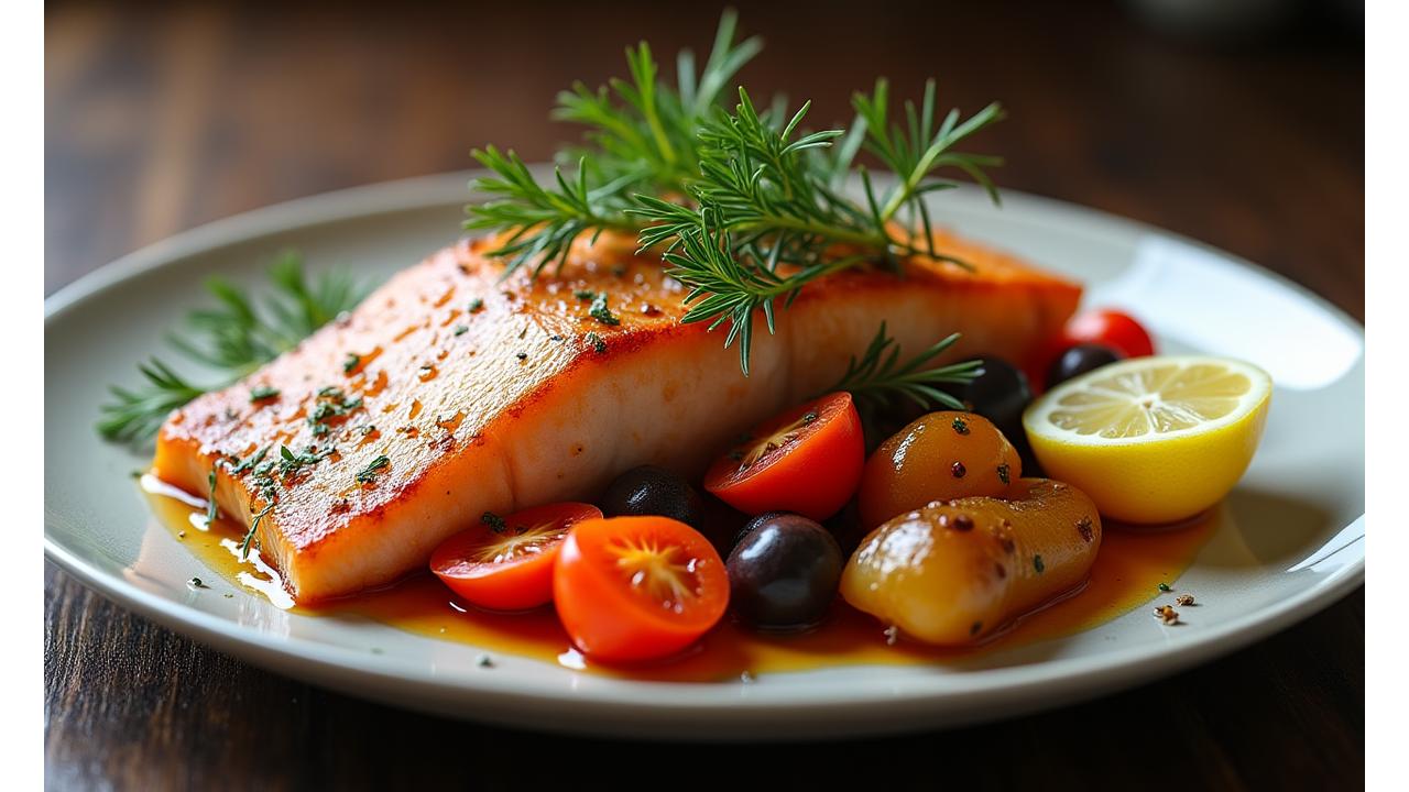Samme fiskerett profesjonelt fotografert med skarp belysning, levende farger og appetittvekkende styling, med frisk dill og sitronskiver.