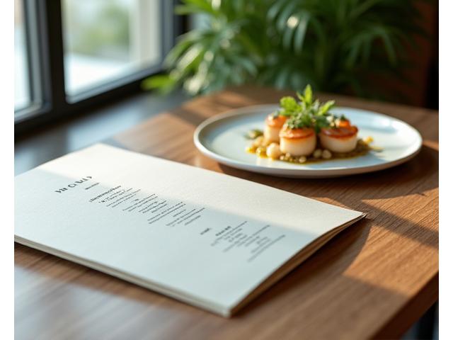 Et elegant bilde av en oppslått restaurantmeny ved siden av en perfekt stylet rett, fokusert på detaljene i maten og menydesignet.