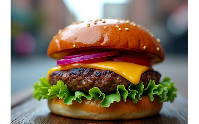 Et fristende bilde av en gourmetburger med smeltet ost, sprø salat og en glinsende briochebolle, fotografert i en urban utendørs setting.