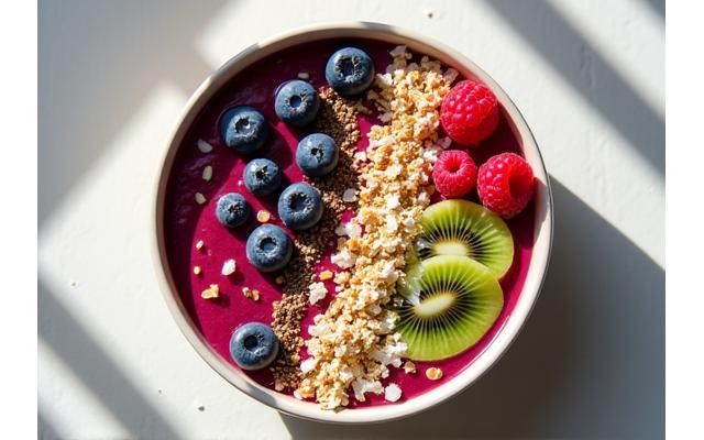 Et dynamisk bilde av en fargerik og trendy smoothiebowl med friske bær og granola, perfekt for Instagram stories.