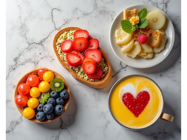 En samling levende og fargerike bilder av ulike matretter, formatert for Instagram-feeden, med trendy bakgrunner og rekvisitter.