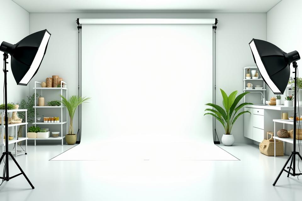 Et moderne, lyst fotostudio for matfotografering med profesjonelt kamerautstyr, softbokser, rekvisitter og et lite, rent kjøkkenområde i bakgrunnen.