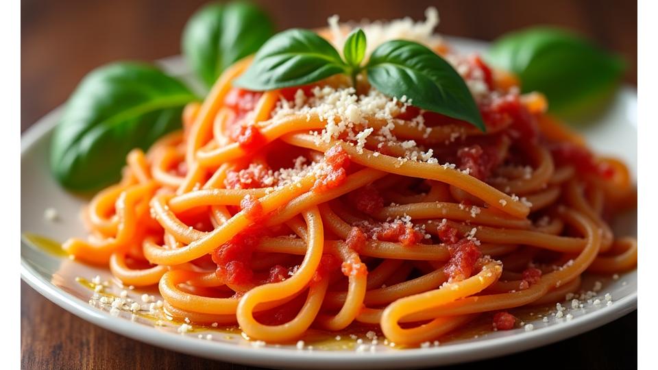 Samme pasta- og tomatsausrett elegant anrettet med fersk basilikum, revet parmesan og en dråpe olje, med bedre fargekontrast og dybde.