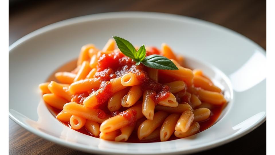En enkel, ujålete tallerken med pasta og tomatsaus uten noen form for styling, litt kjedelig og flatt.