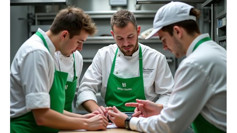 Et team av konsulenter fra Nordlys Hvelv som samarbeider med restaurantpersonale i et moderne kjøkken, demonstrerer bruk av programvare for matsvinnsporing og gir praktisk veiledning.