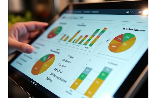 Et digitalt dashbord som viser sanntidsdata for matsvinn, med grafer over volum, kostnader og forbedringstrender for en restaurant over tid.