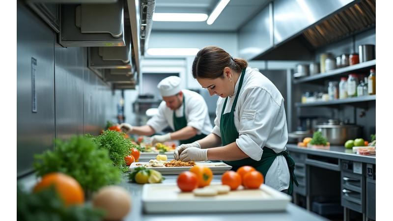 Et moderne kjøkken med ansatte som effektivt administrerer ingredienser og matlaging, med fokus på organisering og minimalt svinn.