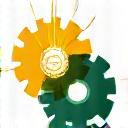 Symbol for innovasjon: to tannhjul som griper inn i hverandre og en glødende idé-pære